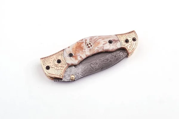 Custom Handmade Damascus Steel Hunting Pocket Knife with Risen Sheath Engraved Bolsters FK 67 2