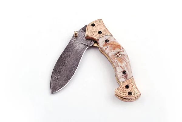 Custom Handmade Damascus Steel Hunting Pocket Knife with Risen Sheath Engraved Bolsters FK 67 3