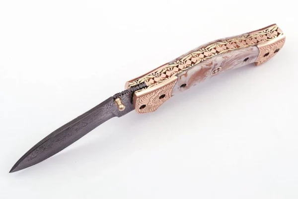 Custom Handmade Damascus Steel Hunting Pocket Knife with Risen Sheath Engraved Bolsters FK 67 4
