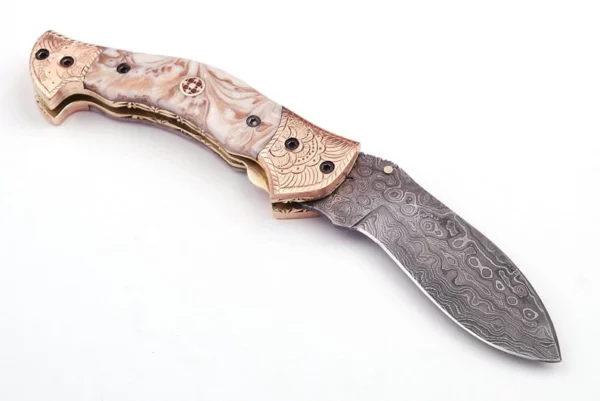 Custom Handmade Damascus Steel Hunting Pocket Knife with Risen Sheath Engraved Bolsters FK 67 5