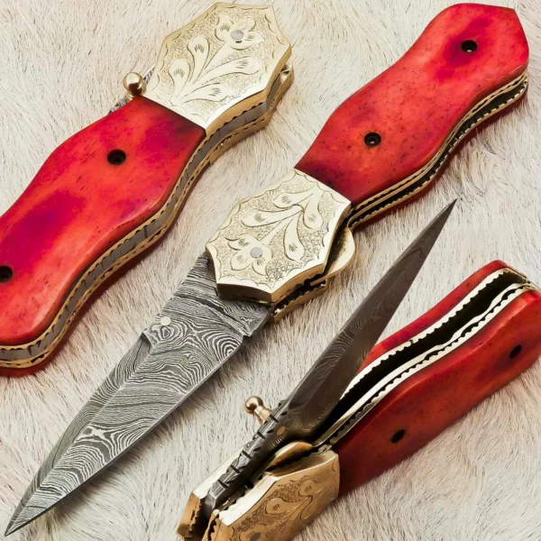 Custom Handmade Damascus Steel Hunting Pocket knife With Red Colored Camel Bone Handle Fk 63 1