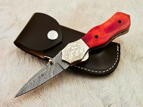 Custom Handmade Damascus Steel Hunting Pocket knife With Red Colored Camel Bone Handle Fk 63 2