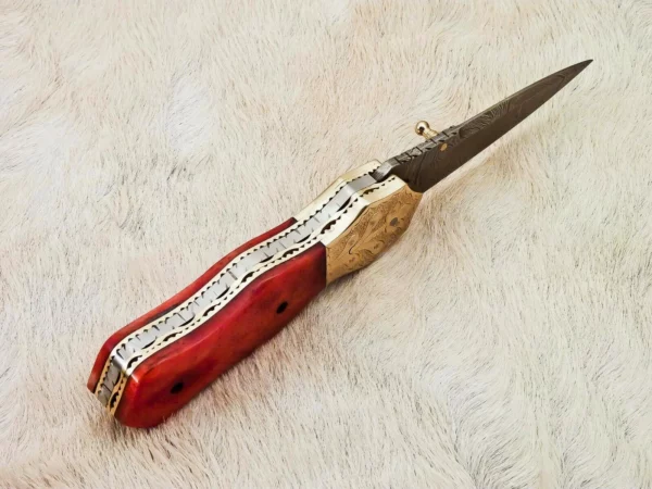 Custom Handmade Damascus Steel Hunting Pocket knife With Red Colored Camel Bone Handle Fk 63 3