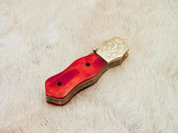 Custom Handmade Damascus Steel Hunting Pocket knife With Red Colored Camel Bone Handle Fk 63 4