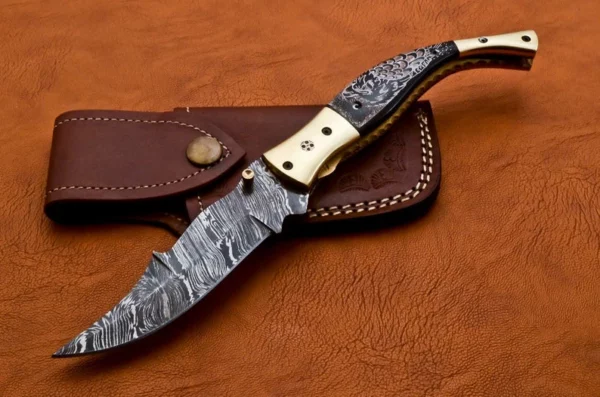 Custom Handmade Damascus Steel Pocket Knife With Black Bull Horn Handle Fk 50 1