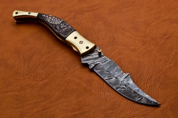 Custom Handmade Damascus Steel Pocket Knife With Black Bull Horn Handle Fk 50 2