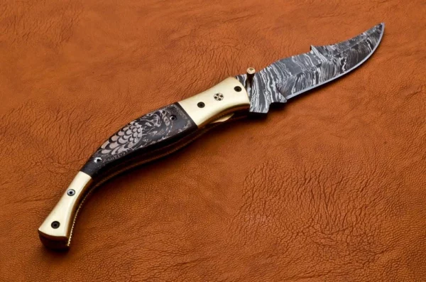 Custom Handmade Damascus Steel Pocket Knife With Black Bull Horn Handle Fk 50 3