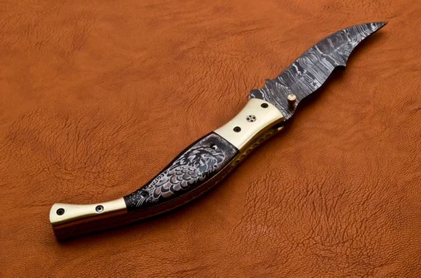 Custom Handmade Damascus Steel Pocket Knife With Black Bull Horn Handle Fk 50 5