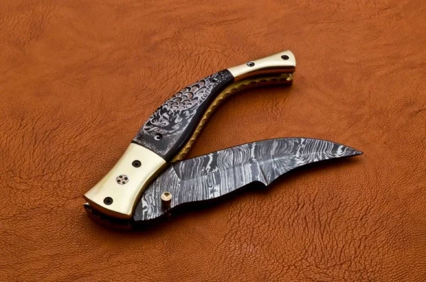 Custom Handmade Damascus Steel Pocket Knife With Black Bull Horn Handle Fk 50 6