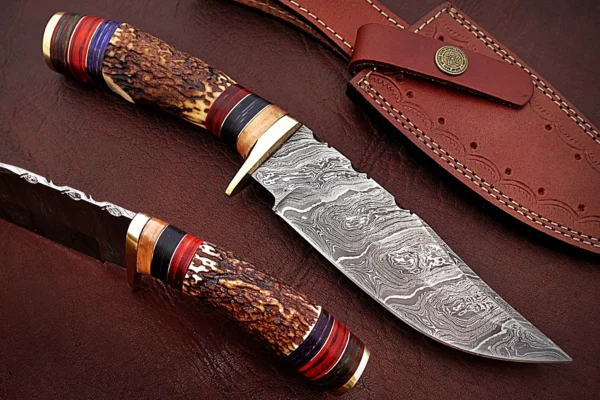 Custom Handmade Damascus Steel Stunning Bowie Knife with Beautiful Stag Horn Colored Wood Handle BK 10 1