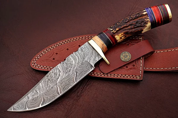 Custom Handmade Damascus Steel Stunning Bowie Knife with Beautiful Stag Horn Colored Wood Handle BK 10 5