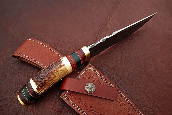 Custom Handmade Damascus Steel Stunning Bowie Knife with Beautiful Stag Horn and Colored Wood Handle BK 11 5