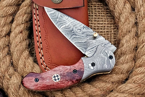 Custom Handmade Damascus Steel Stunning Folding Knife with Amazing Colored Bone Handle FK 14 5