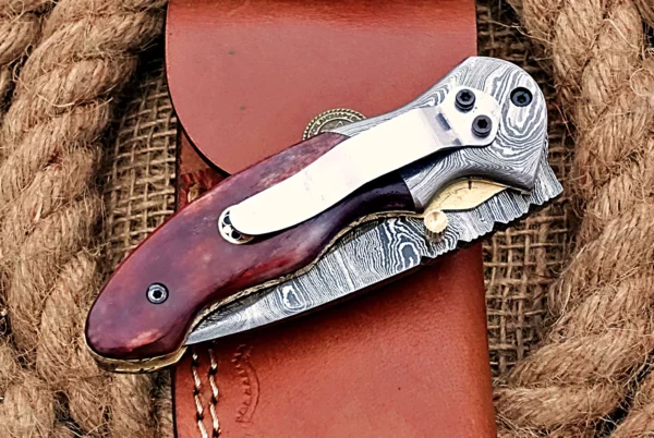 Custom Handmade Damascus Steel Stunning Folding Knife with Amazing Colored Bone Handle FK 14 6