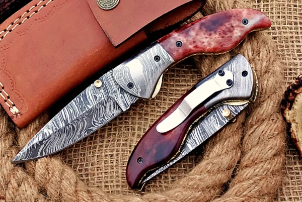 Custom Handmade Damascus Steel Stunning Folding Knife with Amazing Colored Bone Handle Fk 73 1