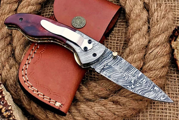 Custom Handmade Damascus Steel Stunning Folding Knife with Amazing Colored Bone Handle Fk 73 2