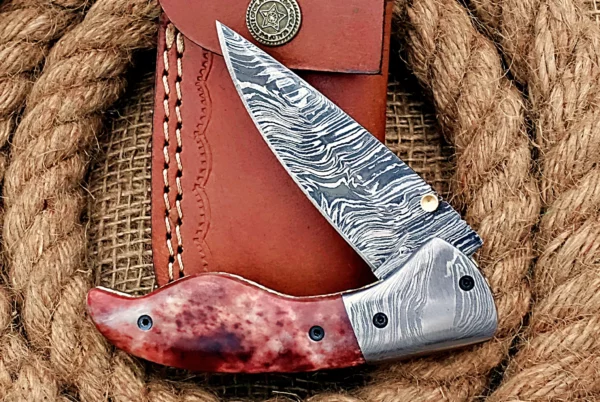 Custom Handmade Damascus Steel Stunning Folding Knife with Amazing Colored Bone Handle Fk 73 4