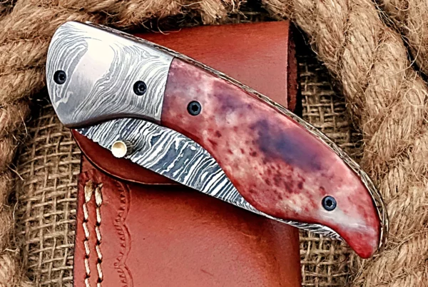 Custom Handmade Damascus Steel Stunning Folding Knife with Amazing Colored Bone Handle Fk 73 6