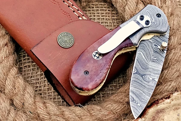Custom Handmade Damascus Steel Stunning Folding Knife with Amazing Purple Colored Bone Handle Fk 71 2