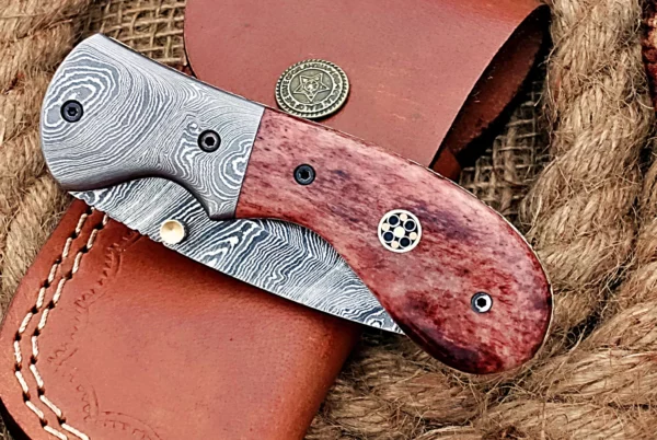 Custom Handmade Damascus Steel Stunning Folding Knife with Amazing Purple Colored Bone Handle Fk 71 5