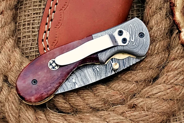 Custom Handmade Damascus Steel Stunning Folding Knife with Amazing Purple Colored Bone Handle Fk 71 6