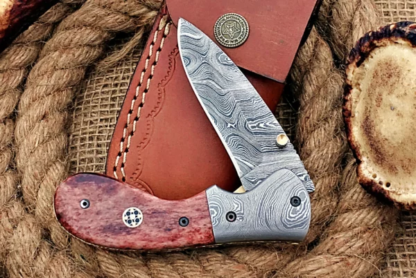 Custom Handmade Damascus Steel Stunning Folding Knife with Amazing Purple Colored Bone Handle Fk 71 7
