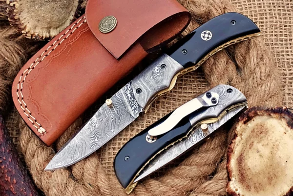 Custom Handmade Damascus Steel Stunning Folding Knife with Beautiful Bull Horn Handle FK 8 1