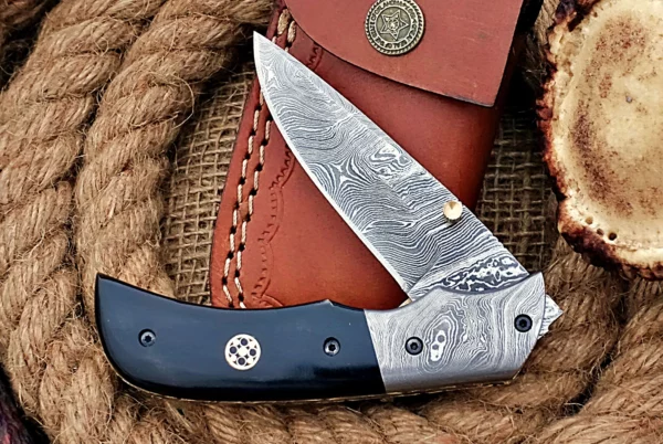 Custom Handmade Damascus Steel Stunning Folding Knife with Beautiful Bull Horn Handle FK 8 5