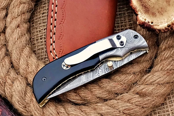 Custom Handmade Damascus Steel Stunning Folding Knife with Beautiful Bull Horn Handle FK 8 7
