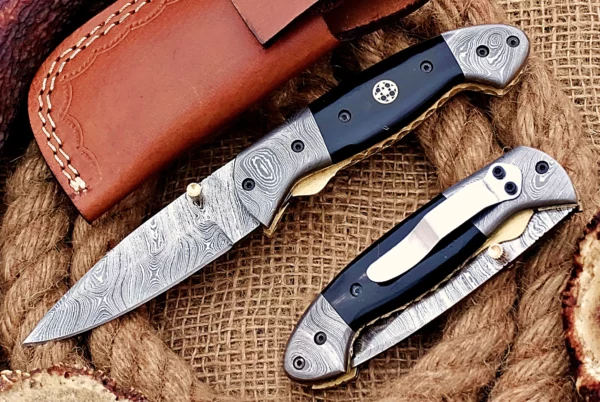 Custom Handmade Damascus Steel Stunning Folding Knife with Beautiful Bull Horn Handle Fk 74 1