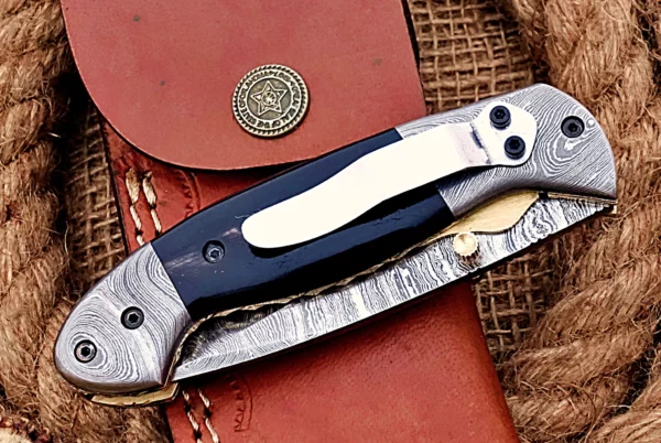 Custom Handmade Damascus Steel Stunning Folding Knife with Beautiful Bull Horn Handle Fk 74 5