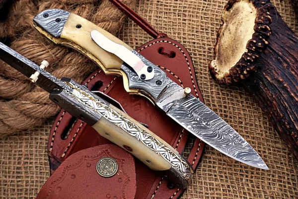 Custom Handmade Damascus Steel Stunning Folding Knife with Beautiful Camel Bone Handle Fk 80 1
