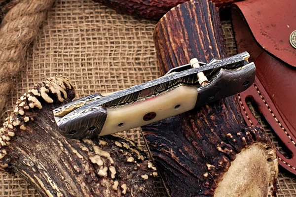 Custom Handmade Damascus Steel Stunning Folding Knife with Beautiful Camel Bone Handle Fk 80 10