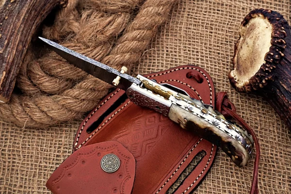 Custom Handmade Damascus Steel Stunning Folding Knife with Beautiful Camel Bone Handle Fk 80 2