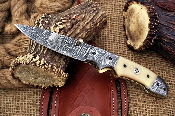 Custom Handmade Damascus Steel Stunning Folding Knife with Beautiful Camel Bone Handle Fk 80 4
