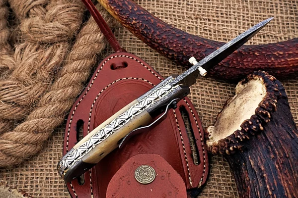 Custom Handmade Damascus Steel Stunning Folding Knife with Beautiful Camel Bone Handle Fk 80 5