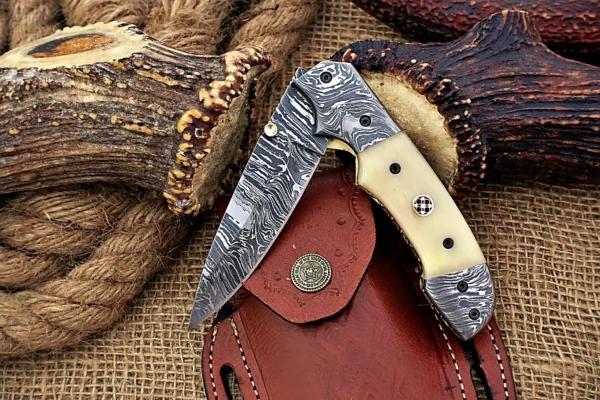 Custom Handmade Damascus Steel Stunning Folding Knife with Beautiful Camel Bone Handle Fk 80 7