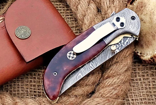 Custom Handmade Damascus Steel Stunning Folding Knife with Beautiful Colored Bone Handle Fk 70 2