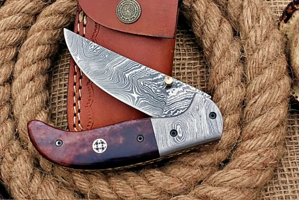 Custom Handmade Damascus Steel Stunning Folding Knife with Beautiful Colored Bone Handle Fk 70 5