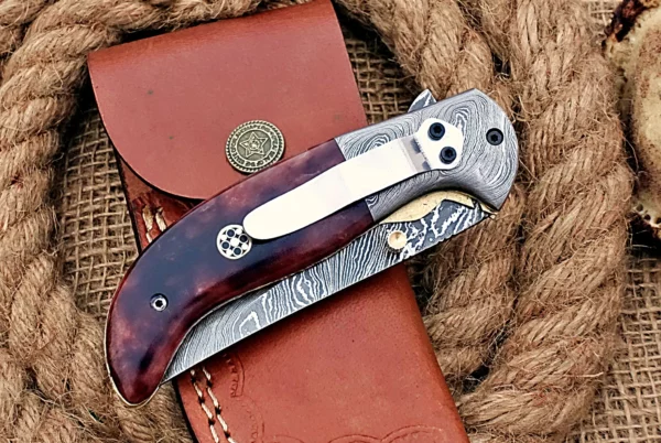 Custom Handmade Damascus Steel Stunning Folding Knife with Beautiful Colored Bone Handle Fk 70 6