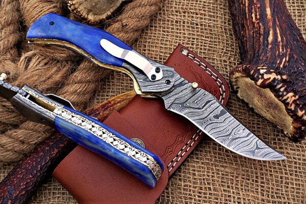 Custom Handmade Damascus Steel Stunning Folding Knife with Beautiful Colored Bone Handle Fk 77 1