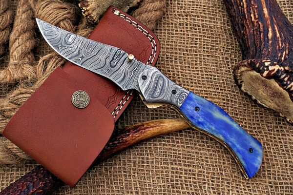 Custom Handmade Damascus Steel Stunning Folding Knife with Beautiful Colored Bone Handle Fk 77 2