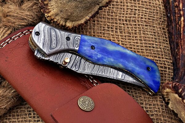 Custom Handmade Damascus Steel Stunning Folding Knife with Beautiful Colored Bone Handle Fk 77 6