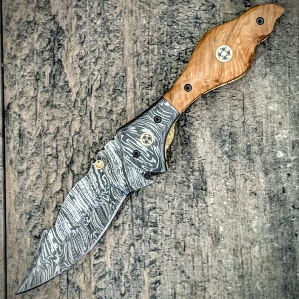 Custom Handmade Damascus Steel hunting Pocket Knife With Amazing Olive Wood Handle Fk 69 1