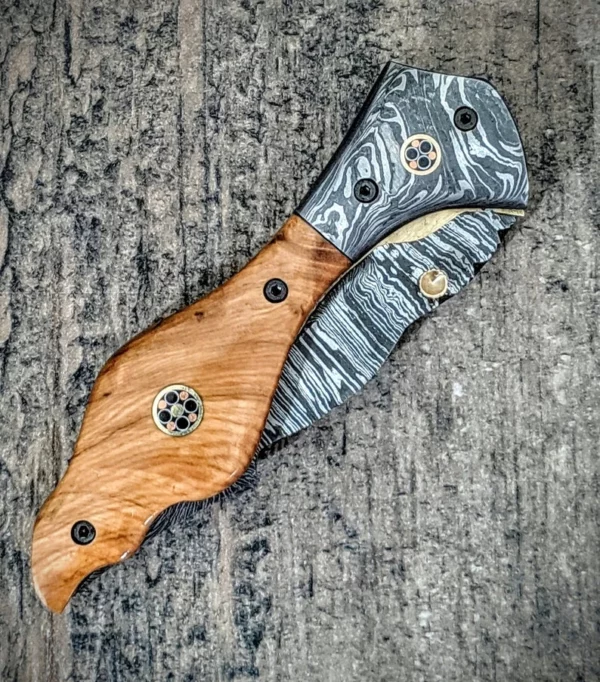 Custom Handmade Damascus Steel hunting Pocket Knife With Amazing Olive Wood Handle Fk 69 2