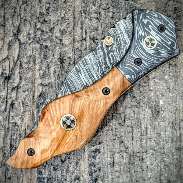 Custom Handmade Damascus Steel hunting Pocket Knife With Amazing Olive Wood Handle Fk 69 3