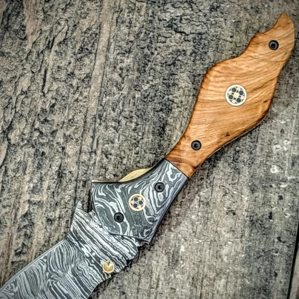 Custom Handmade Damascus Steel hunting Pocket Knife With Amazing Olive Wood Handle Fk 69 4