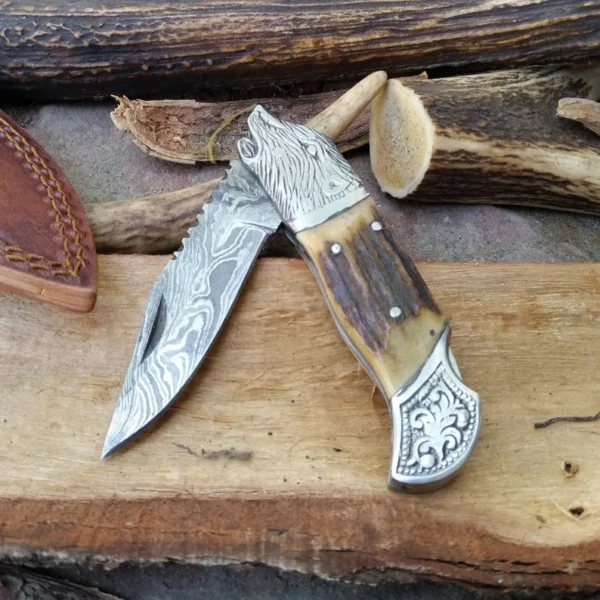 Custom Handmade Damascus Steel hunting Pocket Knife With Lion face Handle Fk 51 1