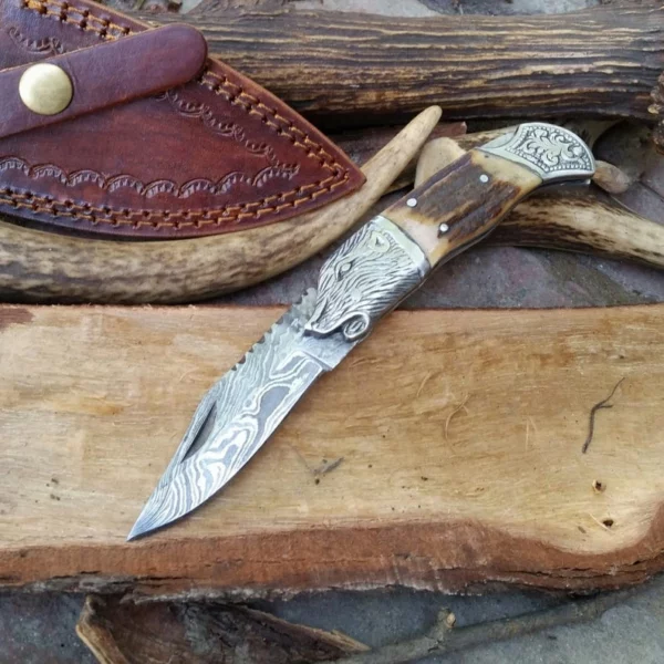 Custom Handmade Damascus Steel hunting Pocket Knife With Lion face Handle Fk 51 2