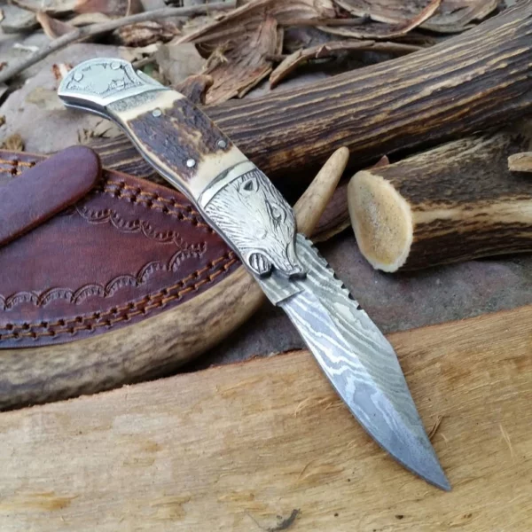 Custom Handmade Damascus Steel hunting Pocket Knife With Lion face Handle Fk 51 3